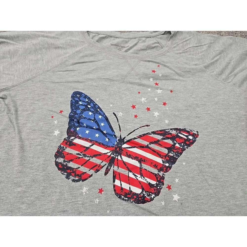 Woman Within Blouse Womens L Gray Cuffed Butterfly Kangaroo‎ Pocket Patriotic